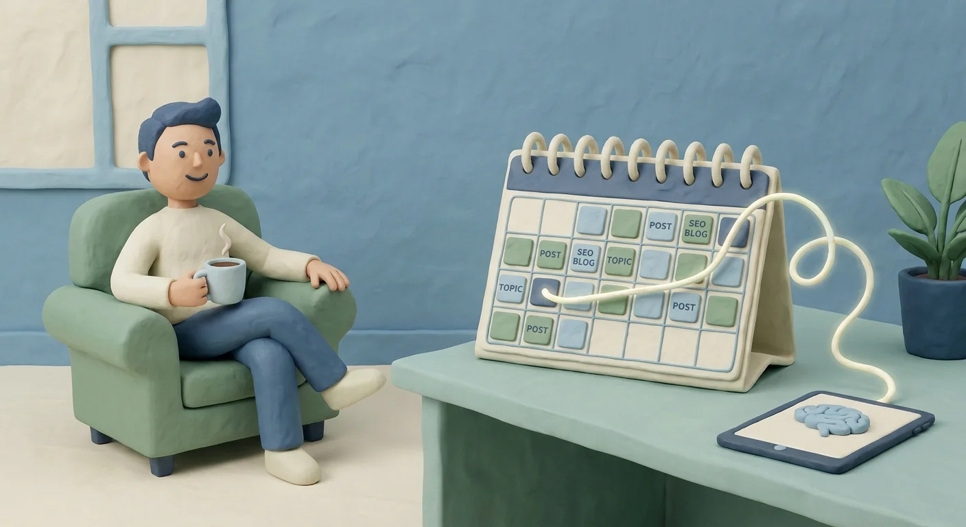 A modern editorial calendar filling up automatically with daily scheduled blog posts while a solo founder relaxes with a cup of coffee in a bright home office.