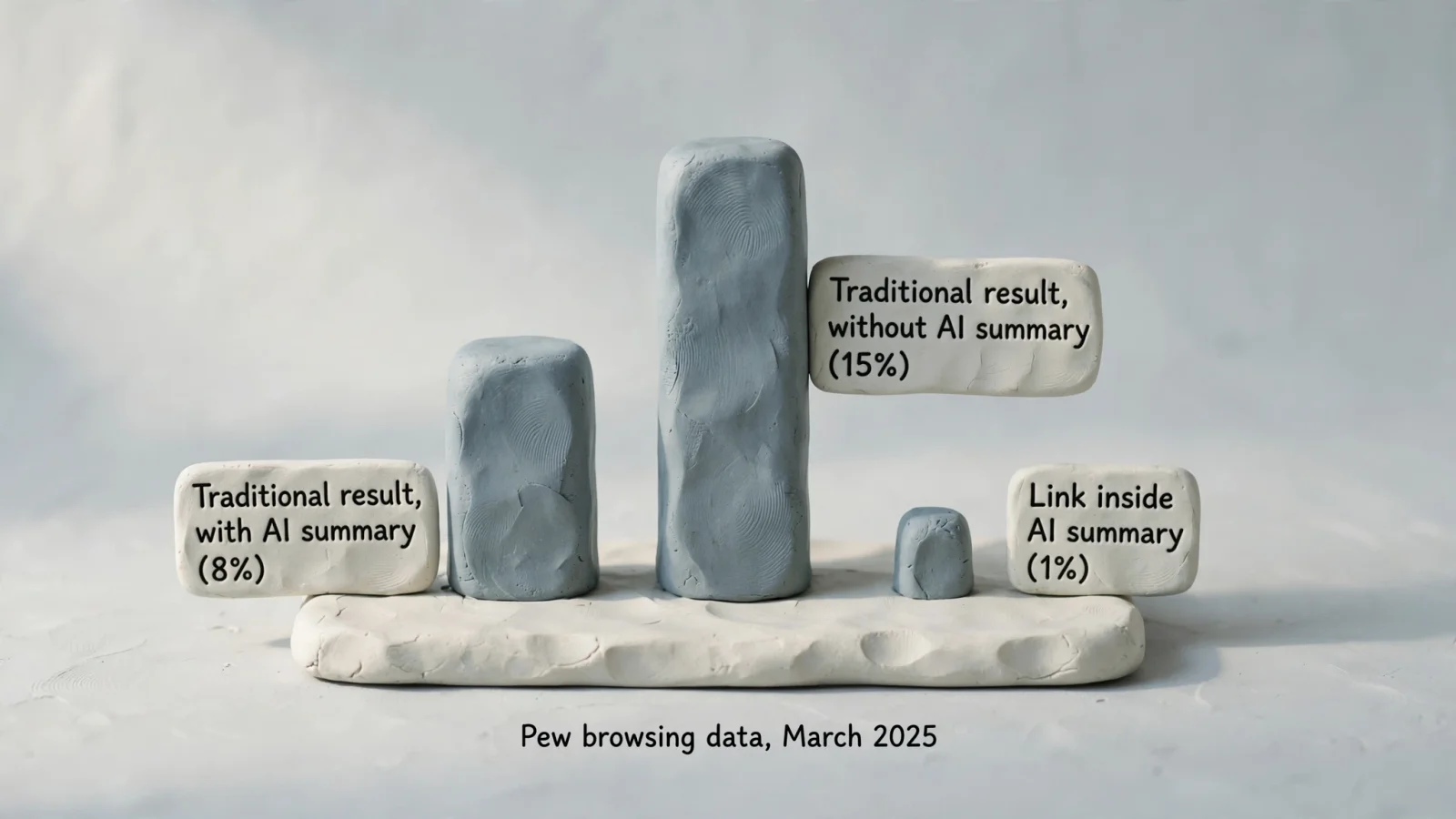 A restrained editorial bar chart shows Pew’s observed click rates under the labels "Traditional result, with AI summary" (8%), "Traditional result, without AI summary" (15%), and "Link inside AI summary" (1%), with the caption "Pew browsing data, March 2025".