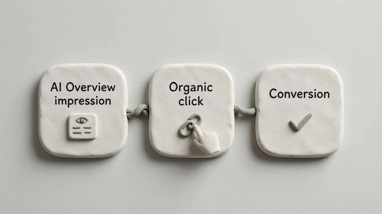 A simple three-stage measurement flow connects the labels "AI Overview impression," "Organic click," and "Conversion" to show why exposure, traffic, and business outcomes should be tracked separately.