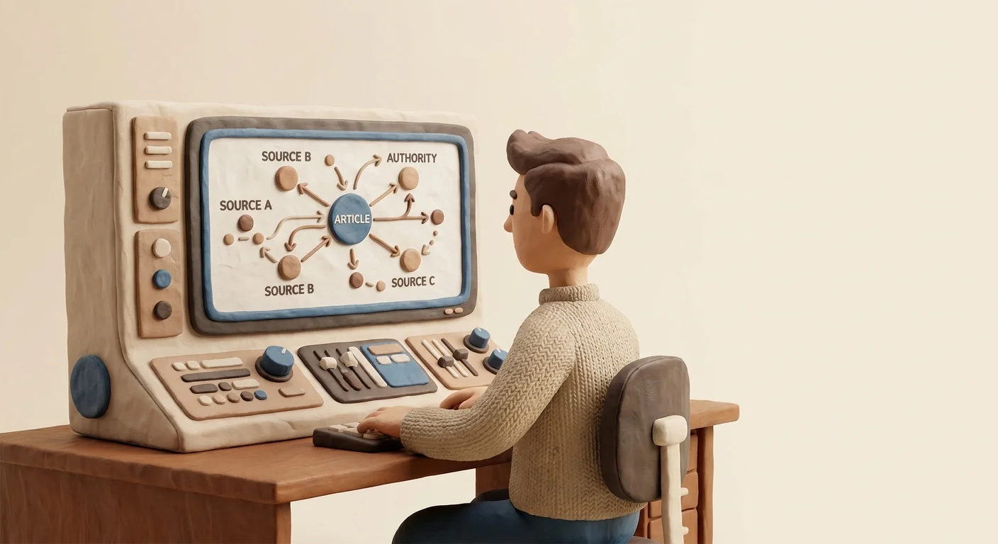 A content creator looking at a dashboard that maps out data points and citations connecting their article to external authoritative sources.