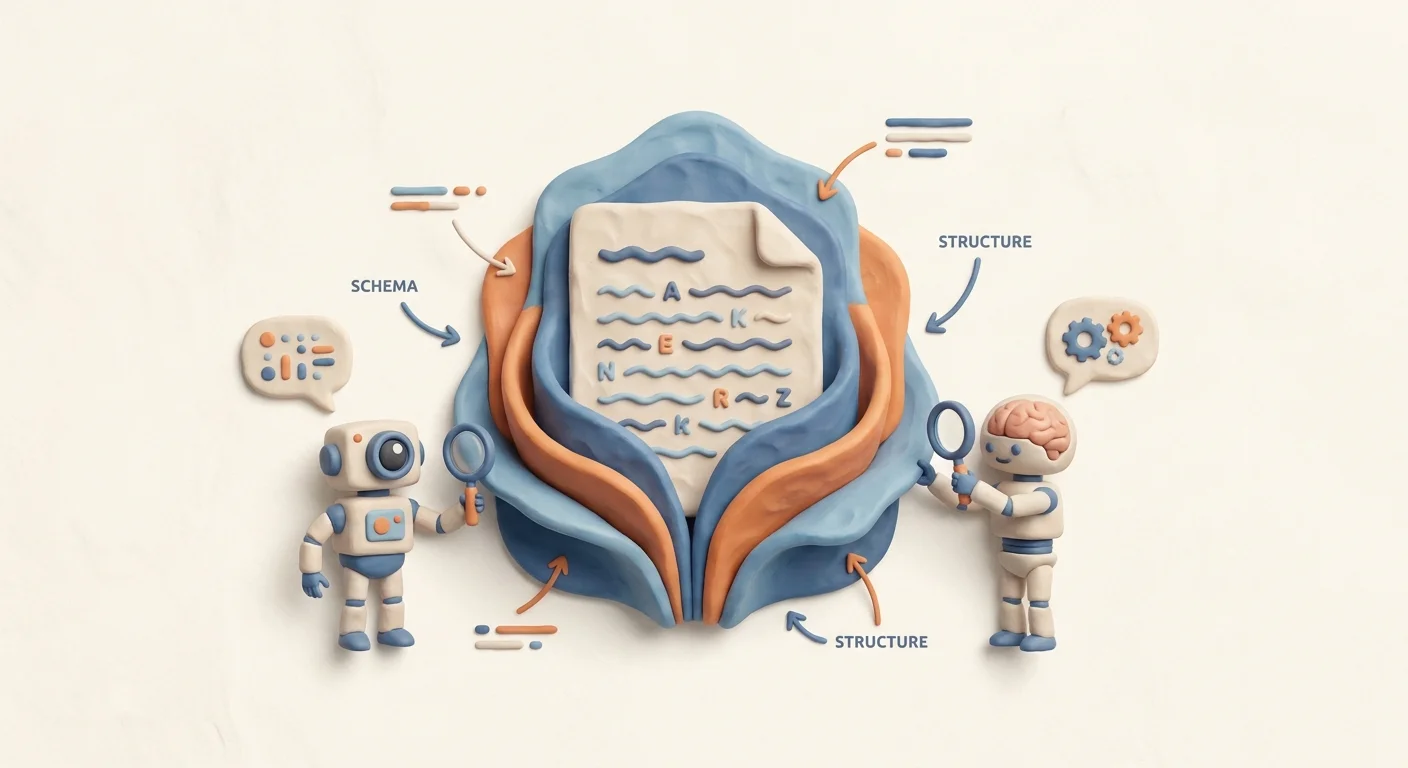 A conceptual diagram showing layered schema markup wrapping around a piece of digital text to highlight its factual structure to a robotic crawler.