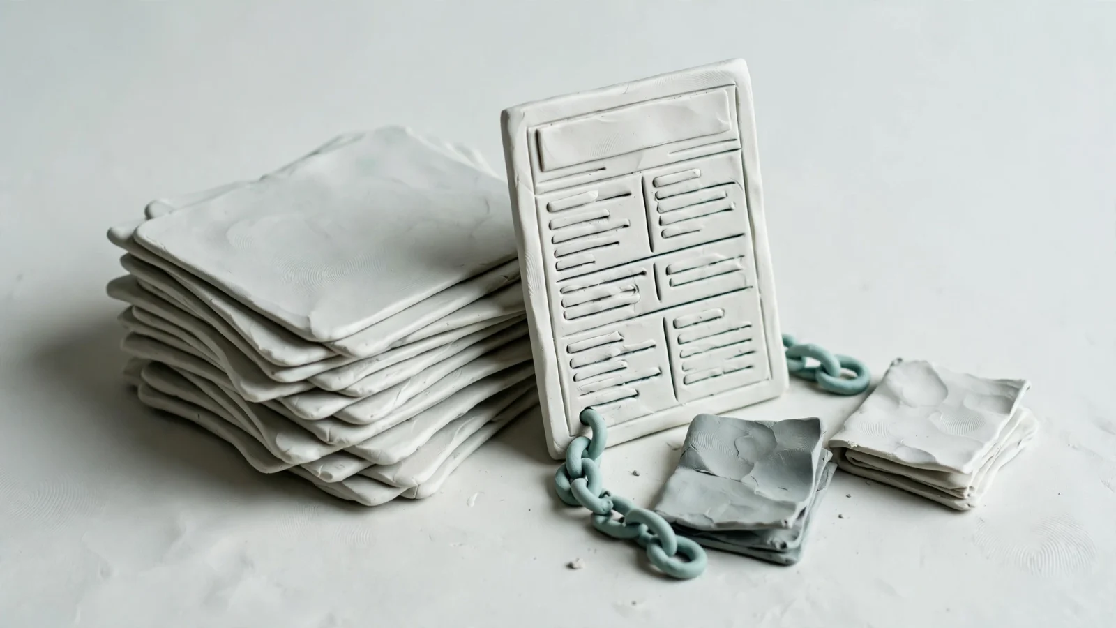 For the quality trade-off, a split editorial desk contrasts a pile of near-duplicate drafts with one carefully edited article surrounded by source documents and useful link notes, with no text.