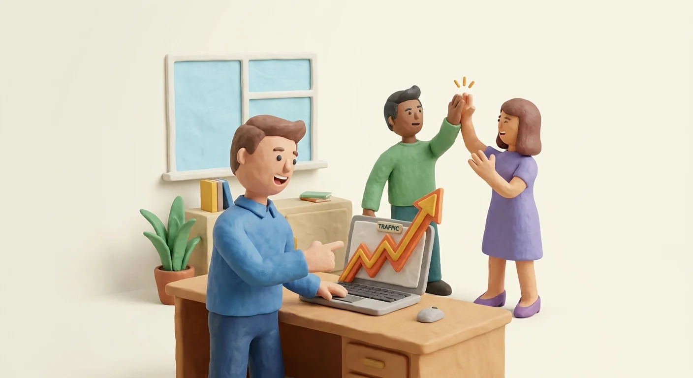 A lean startup team of three people celebrating in a small modern office while looking at a massive spike on a laptop screen, symbolizing high-intent referral traffic.