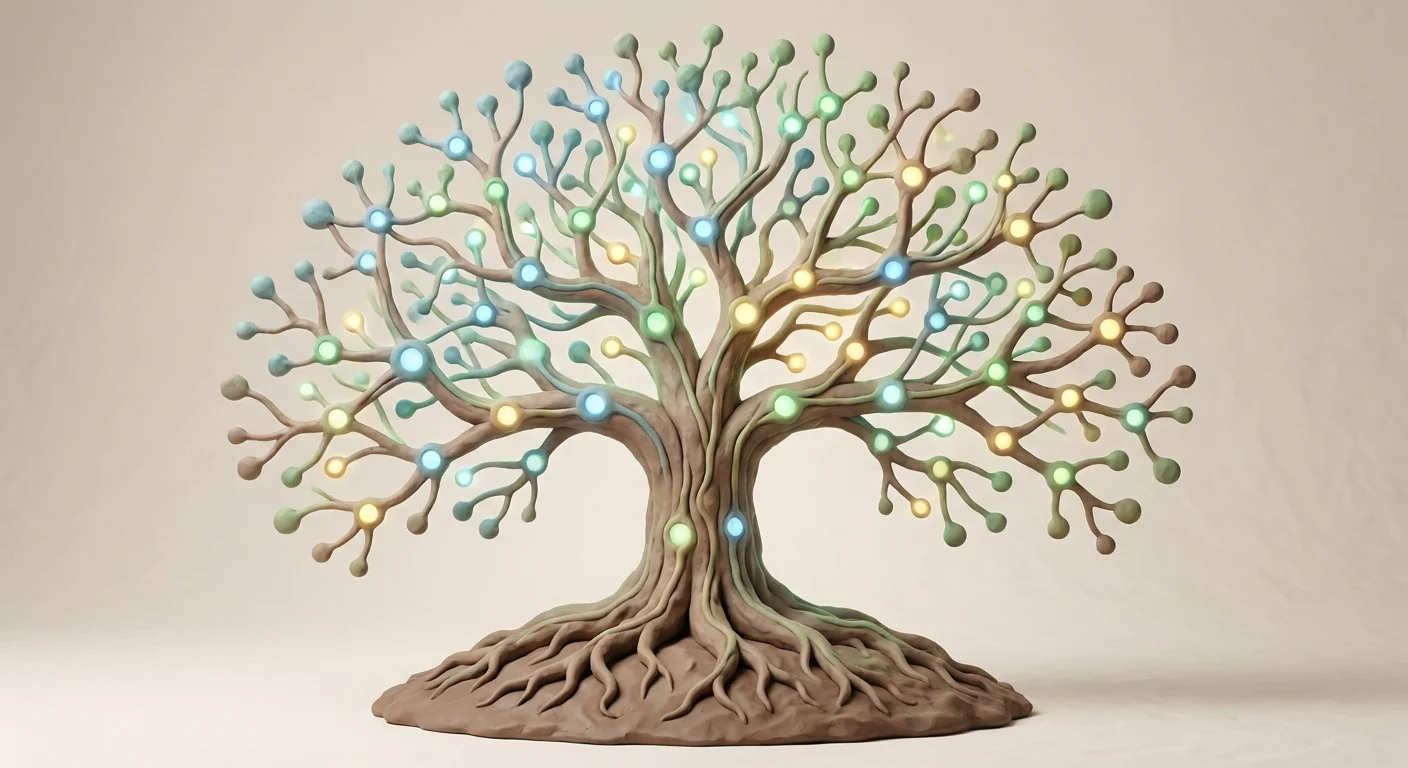 A sprawling, interconnected tree of glowing nodes representing topical authority and deep long-tail keyword coverage.