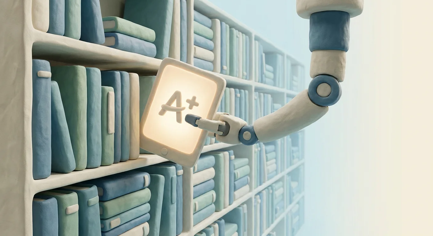 A modern, well-lit robotic arm smoothly sliding a brightly glowing digital article into an endless, organized library archive.