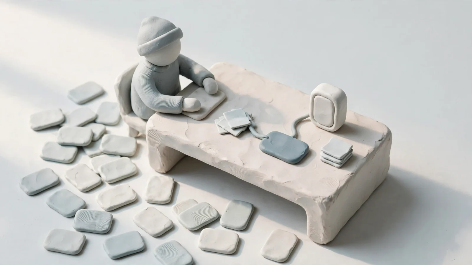 A founder at a small desk narrowing customer questions and search ideas down to one product-relevant topic, with source notes and a product example nearby, with no text or labels.