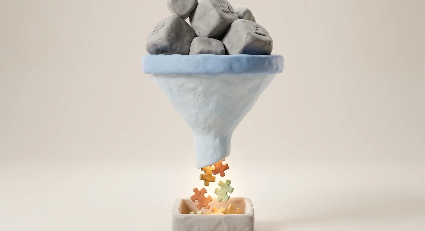 A detailed visual metaphor of a sleek, futuristic funnel filtering out large, gray generic blocks while letting precise, glowing long-tail puzzle pieces pass through.