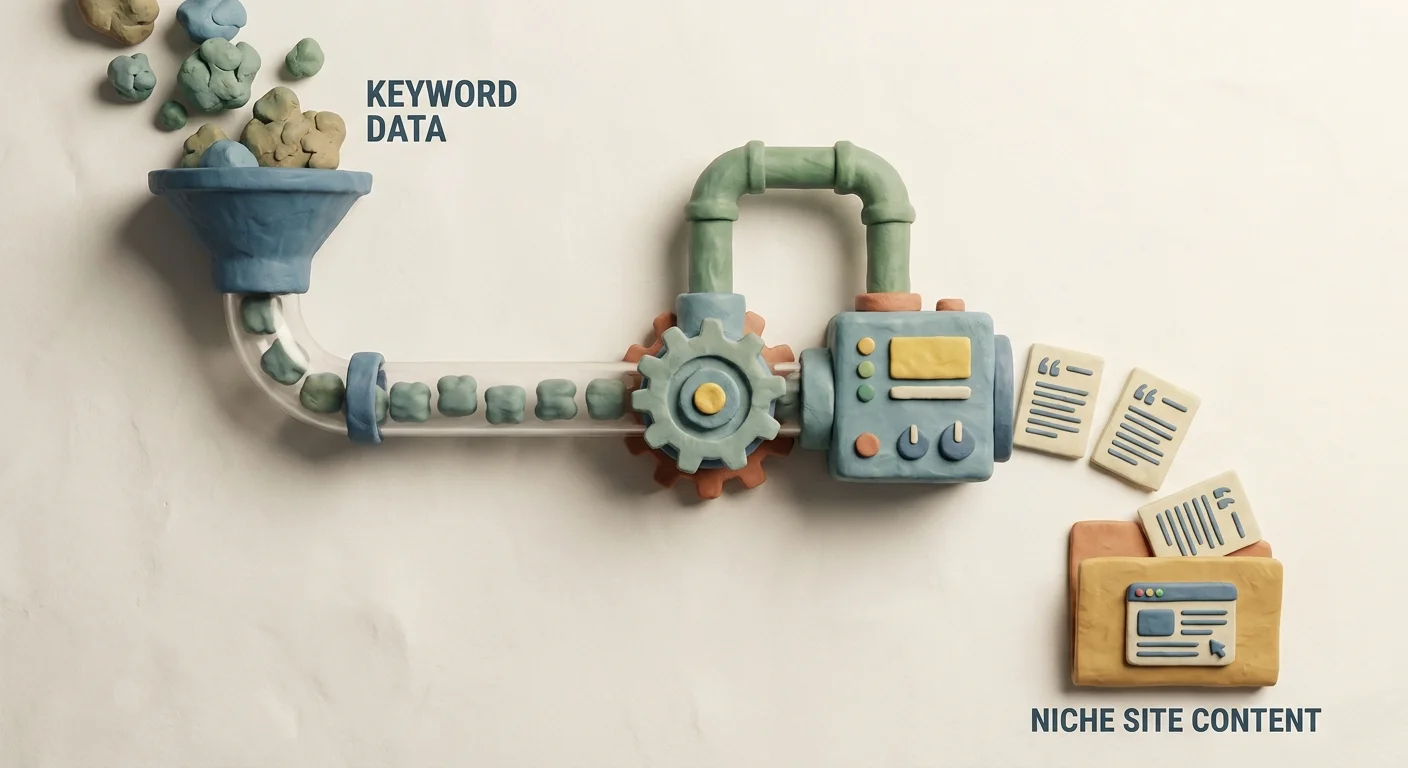 An abstract digital pipeline showing raw data clusters seamlessly transforming into clean, cited article documents that drop neatly into a website folder.