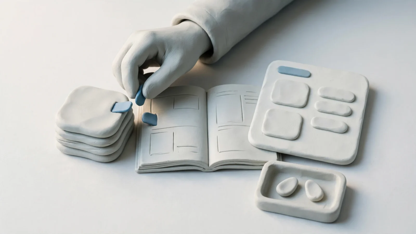 Quality-control section: An editor compares an AI-assisted draft with source documents and a live webpage, removing duplicate ideas and adding original evidence, with no text.