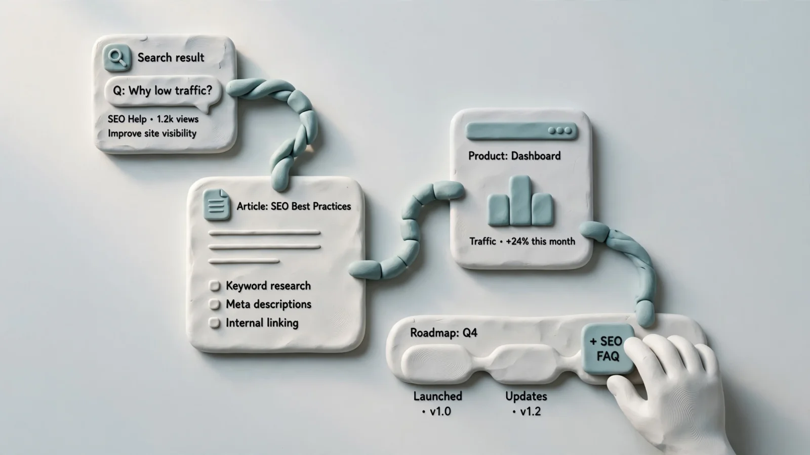 For the feedback-loop section, show a customer question moving from a search result into an article, a product page, and a product decision in one connected editorial scene.