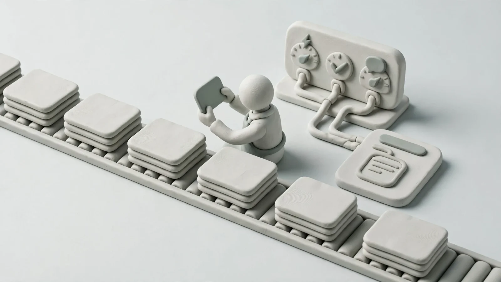 For the automation section, show an automated publishing queue beside a human reviewing product claims and a conversion dashboard, emphasizing speed with oversight.