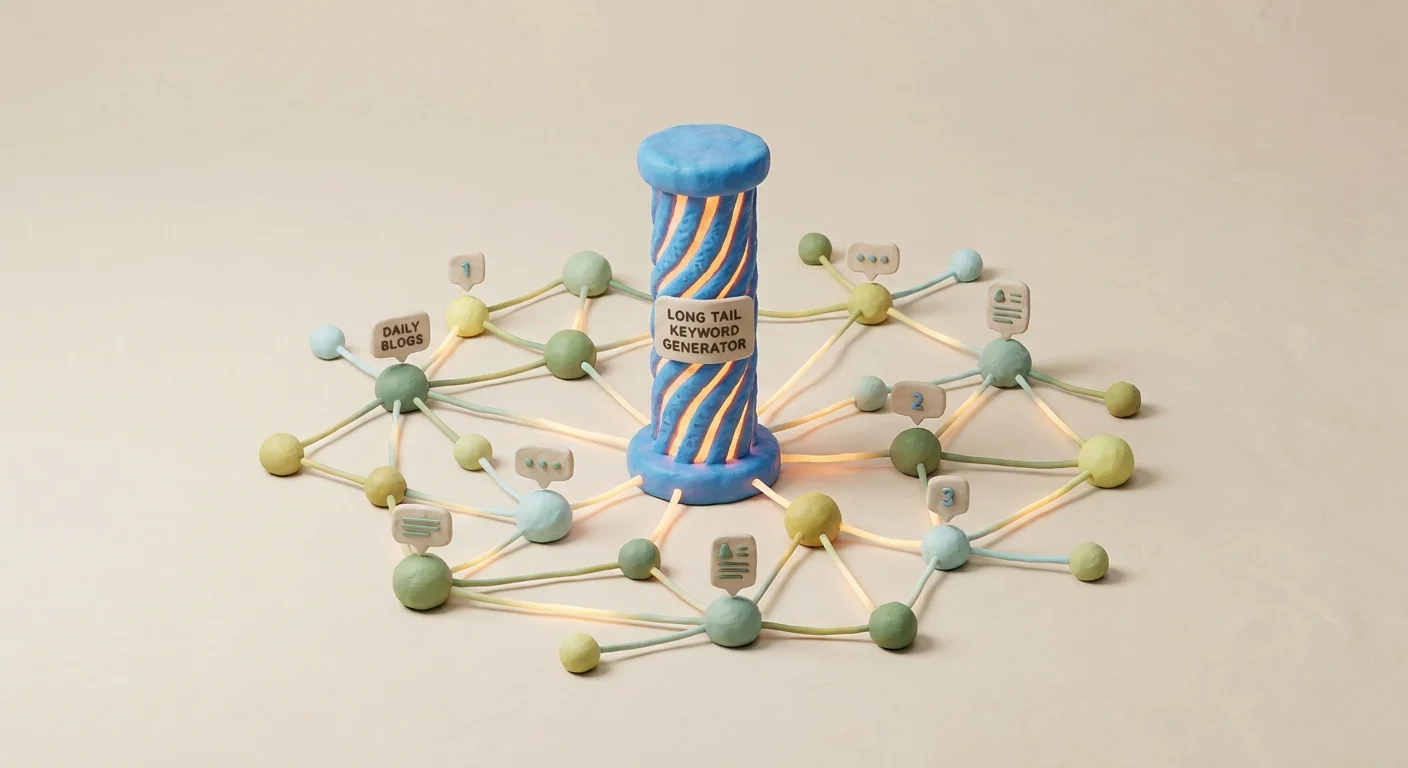 A visual metaphor of a glowing central pillar surrounded by a web of interconnected smaller nodes, representing a well-structured topical cluster of long-tail keywords.