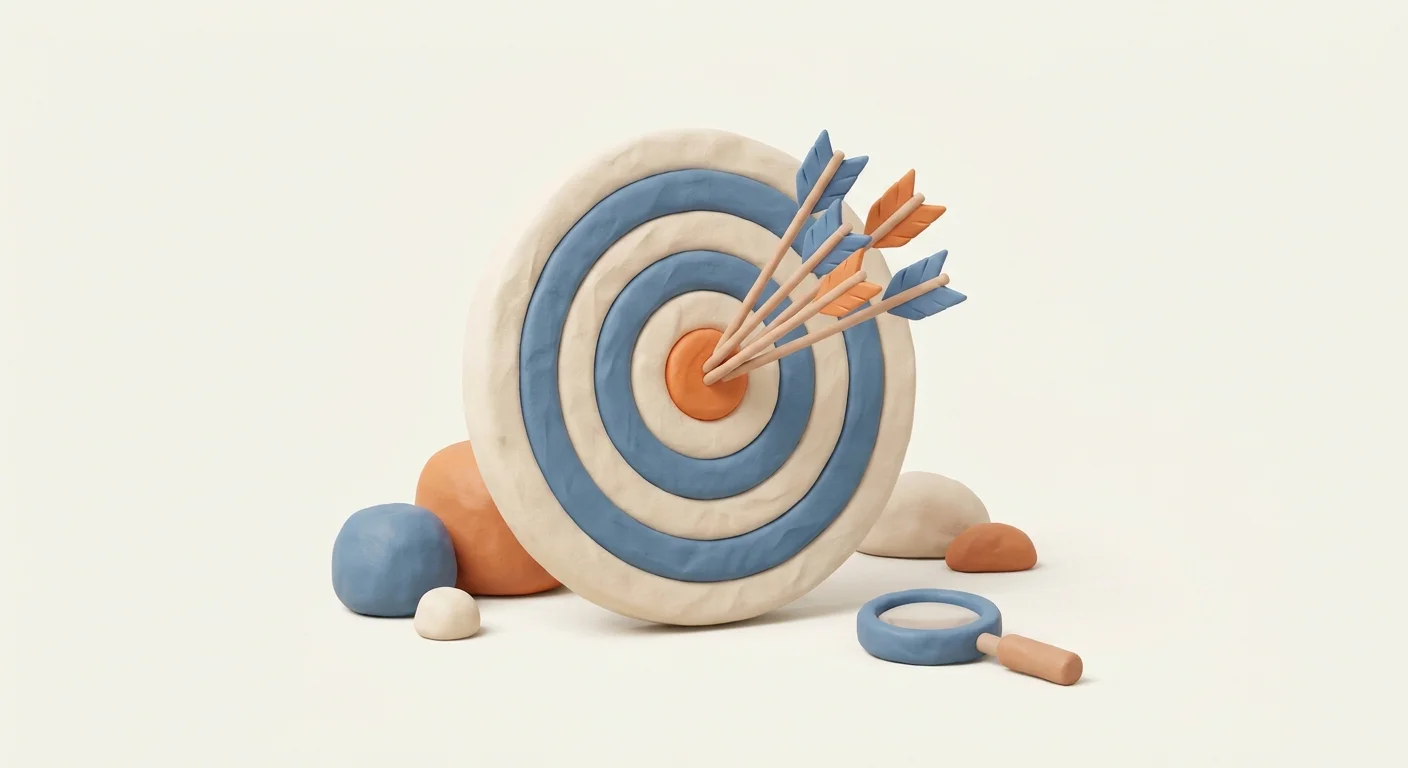 A conceptual illustration of an archery target with multiple small arrows hitting the bullseye, representing the strategy of targeting highly specific, low-difficulty long-tail keywords.