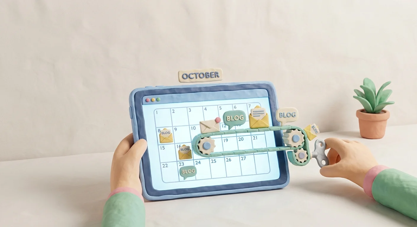 A digital calendar interface showing consistent daily blog posts automatically populating without any manual input.