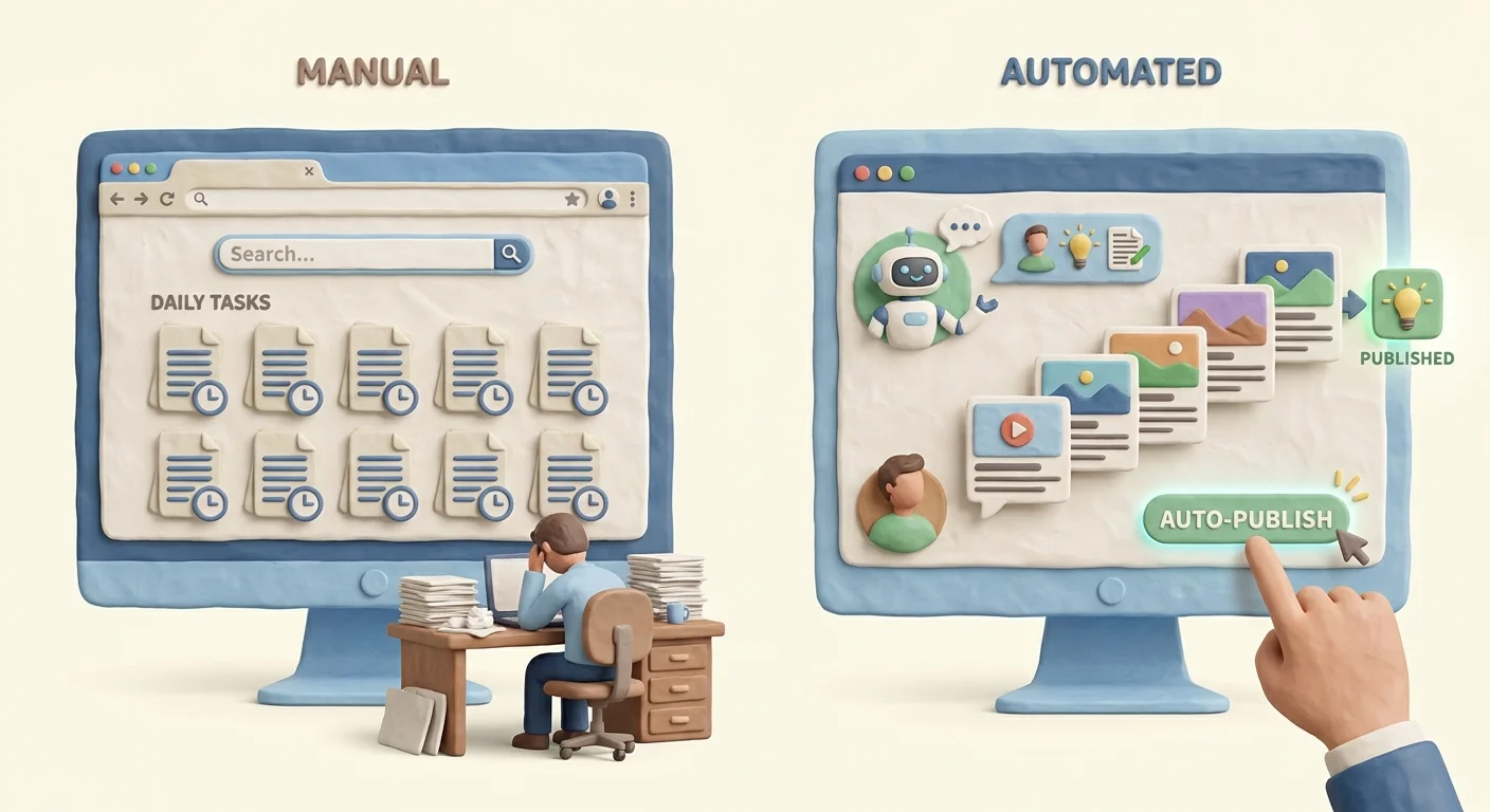A conceptual split-screen showing a standard web search results page on the left and a conversational AI chat interface on the right.