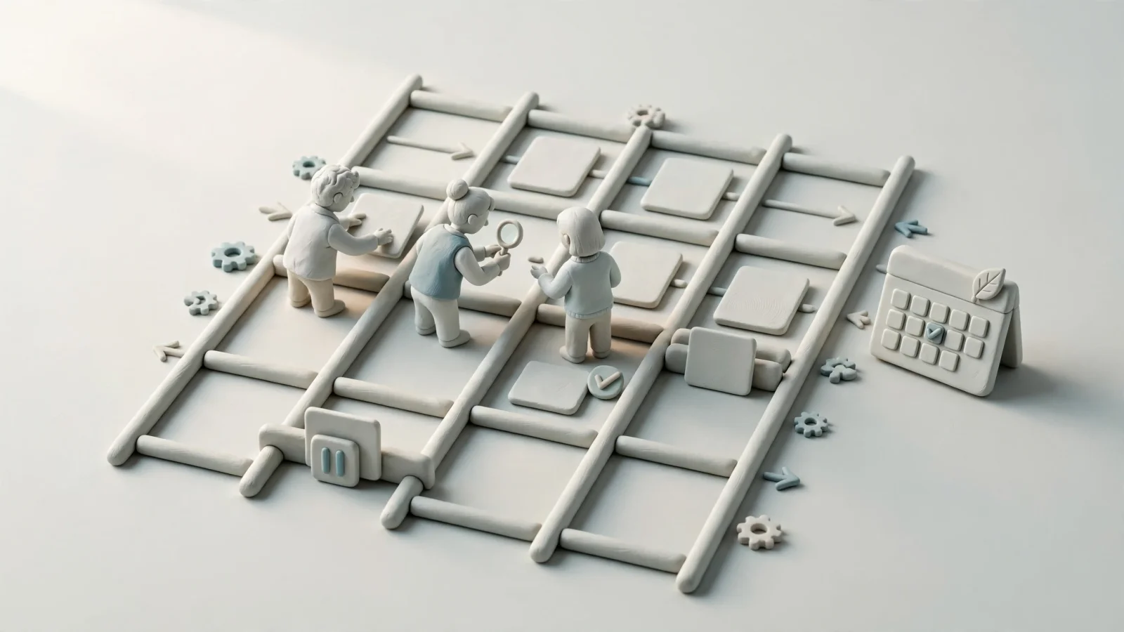 A lean marketing team moves article cards through publish, qualify, review, and hold lanes beside a steady content calendar, showing controlled daily publishing rather than blind automation; no readable text.