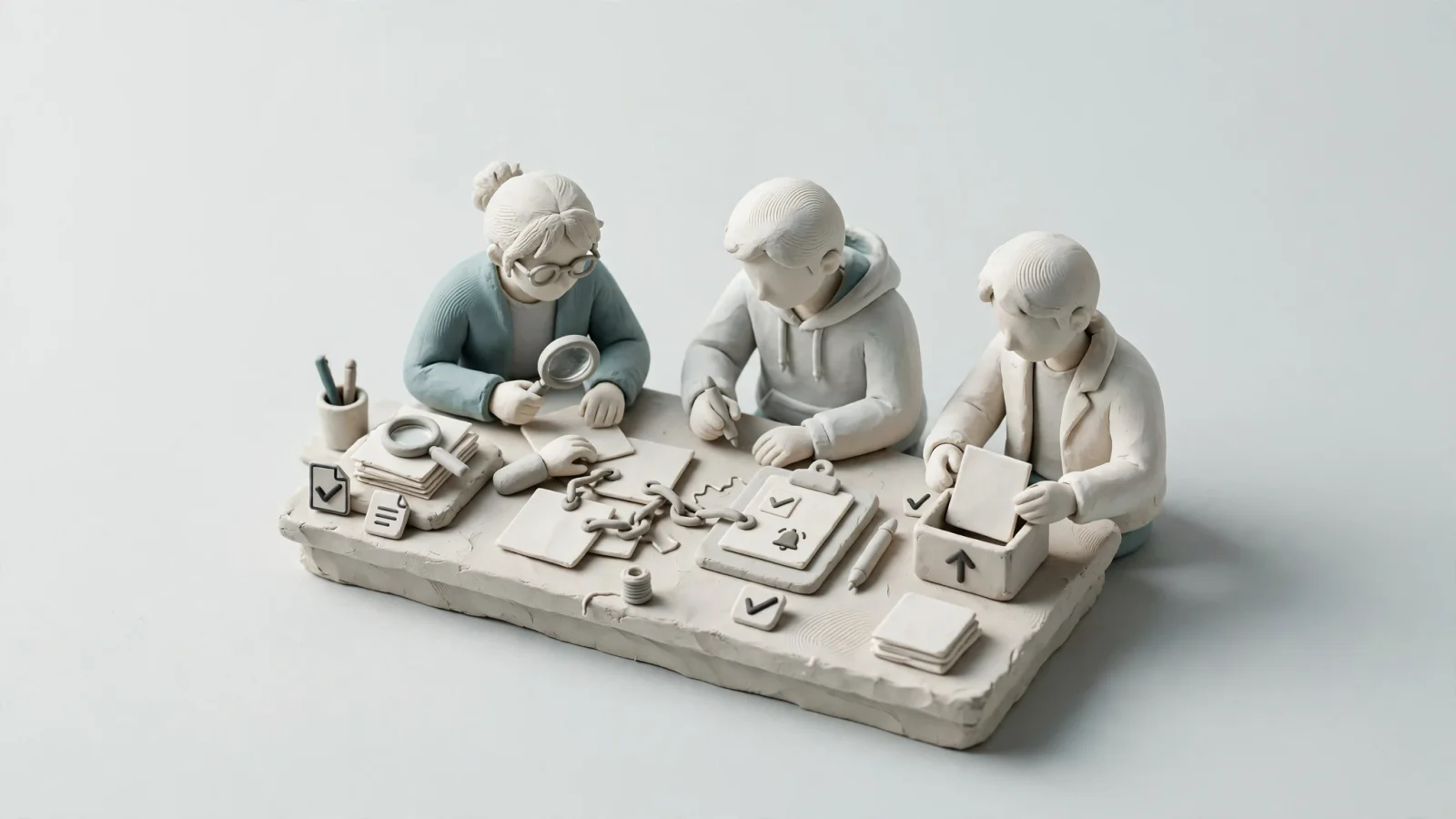 A lean marketing team reviews a content queue while source verification, internal linking, CTA review, and CMS publishing move from research to approval.