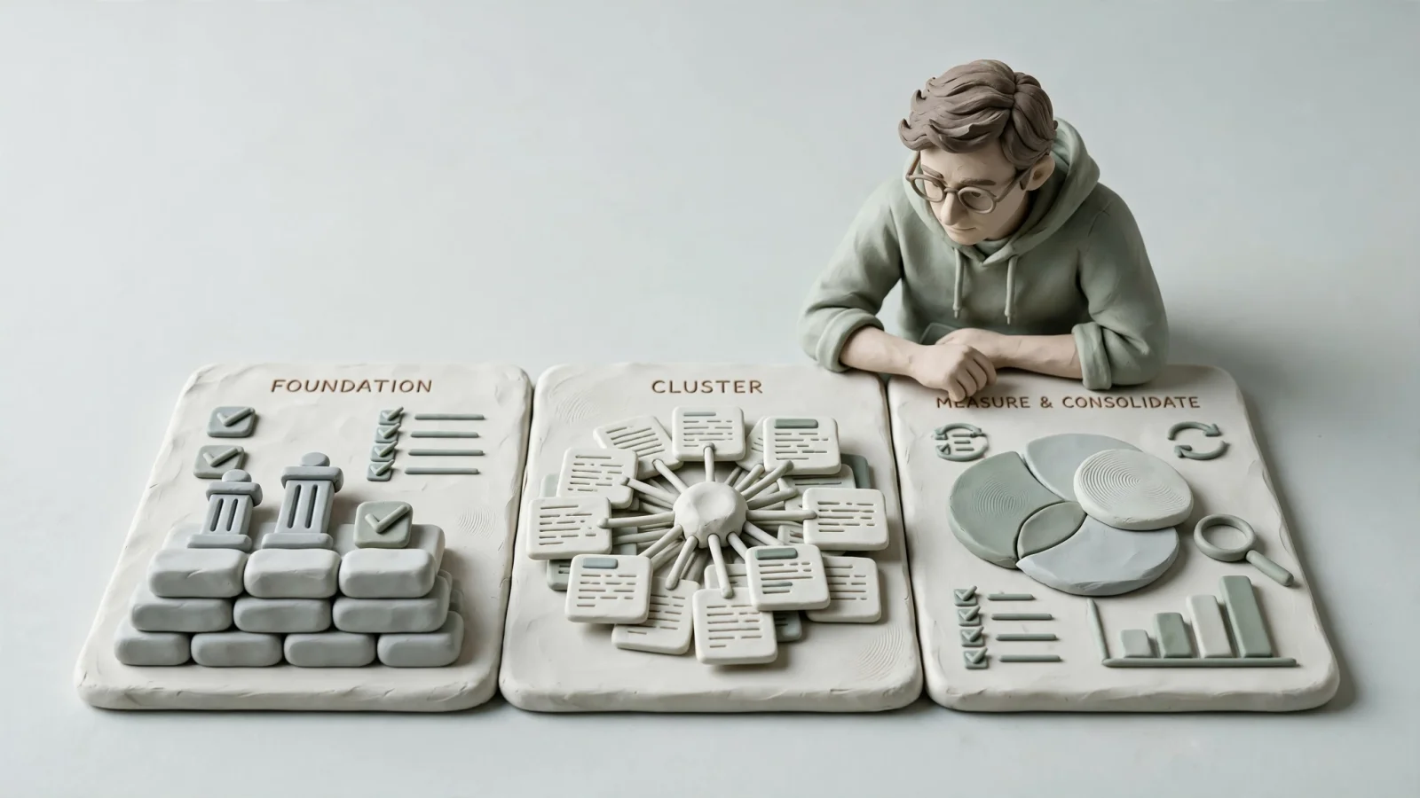 A bootstrapped startup founder studies a wide three-stage planning board that moves from foundation to one focused topic cluster to measurement and consolidation over 90 days.