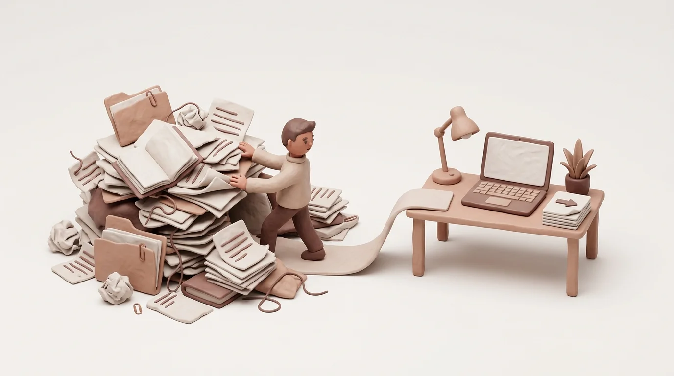A solo founder in a compact workspace moves from a chaotic pile of research, drafts, and follow-ups toward a calm, orderly publishing desk, showing the execution bottleneck.