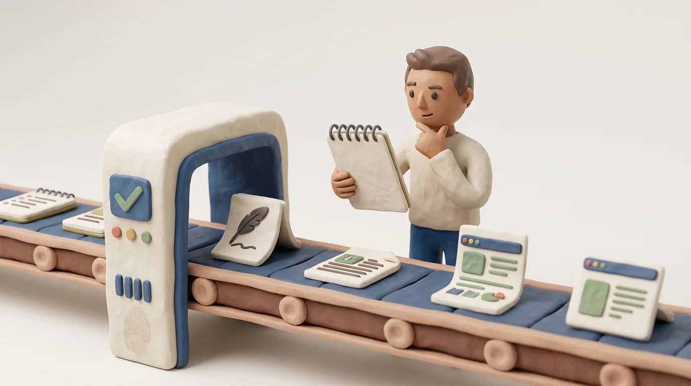 An automated conveyor carries research notes, article drafts, and CMS pages through a human quality-control gate where the founder checks one item, visualizing automation without surrendering judgment.