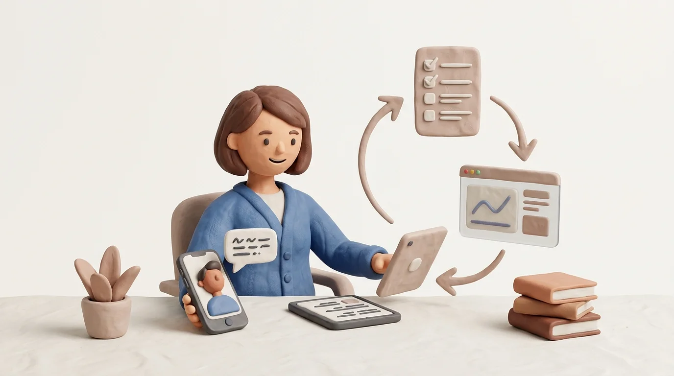 A small-agency founder follows a helpful article toward a checklist download and product demo while reviewing a customer question, making the content-to-lead feedback loop tangible.