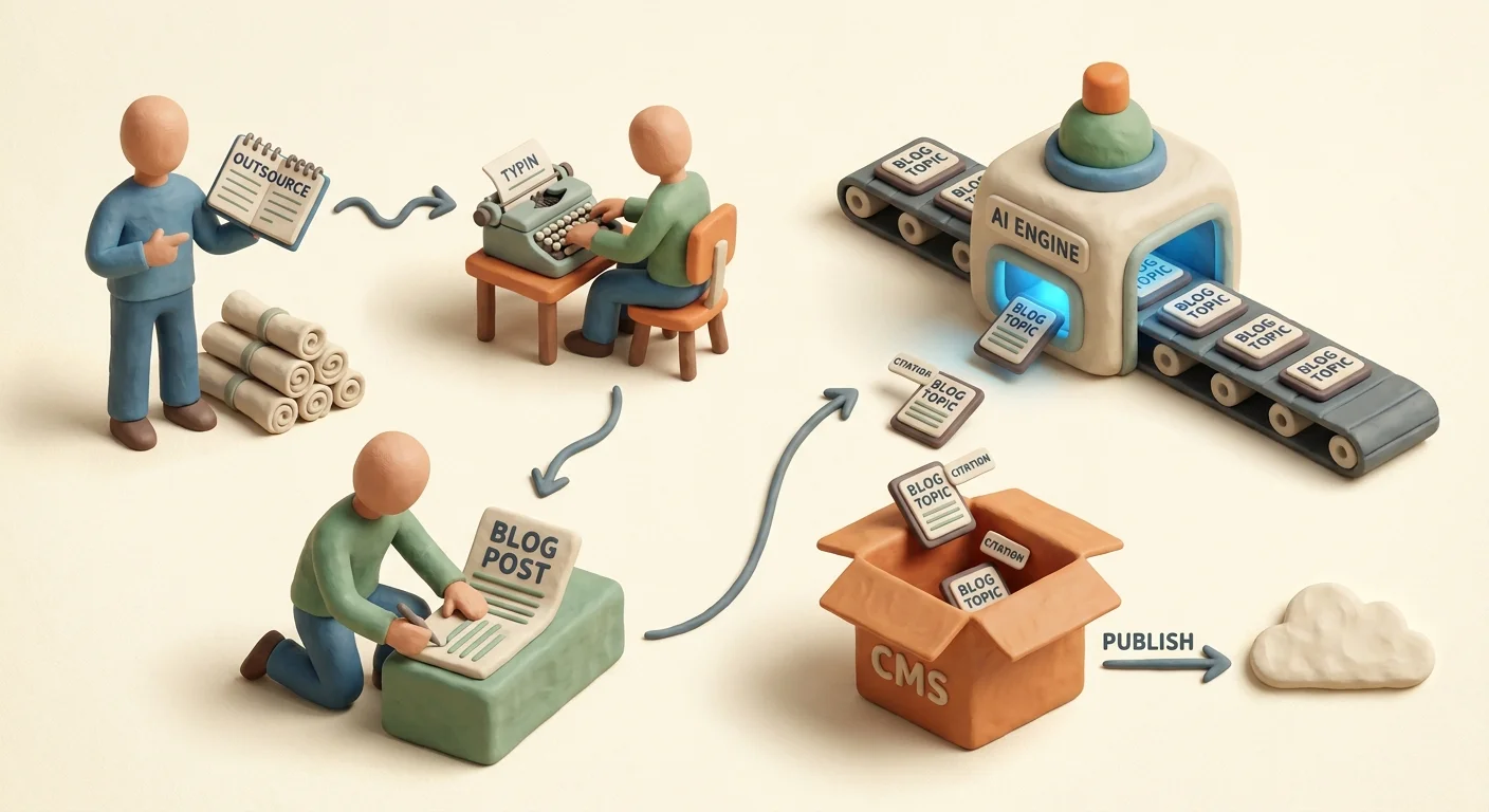 A conceptual flowchart showing blog topics moving seamlessly through an AI engine, getting stamped with real citations, and publishing directly into a CMS system.