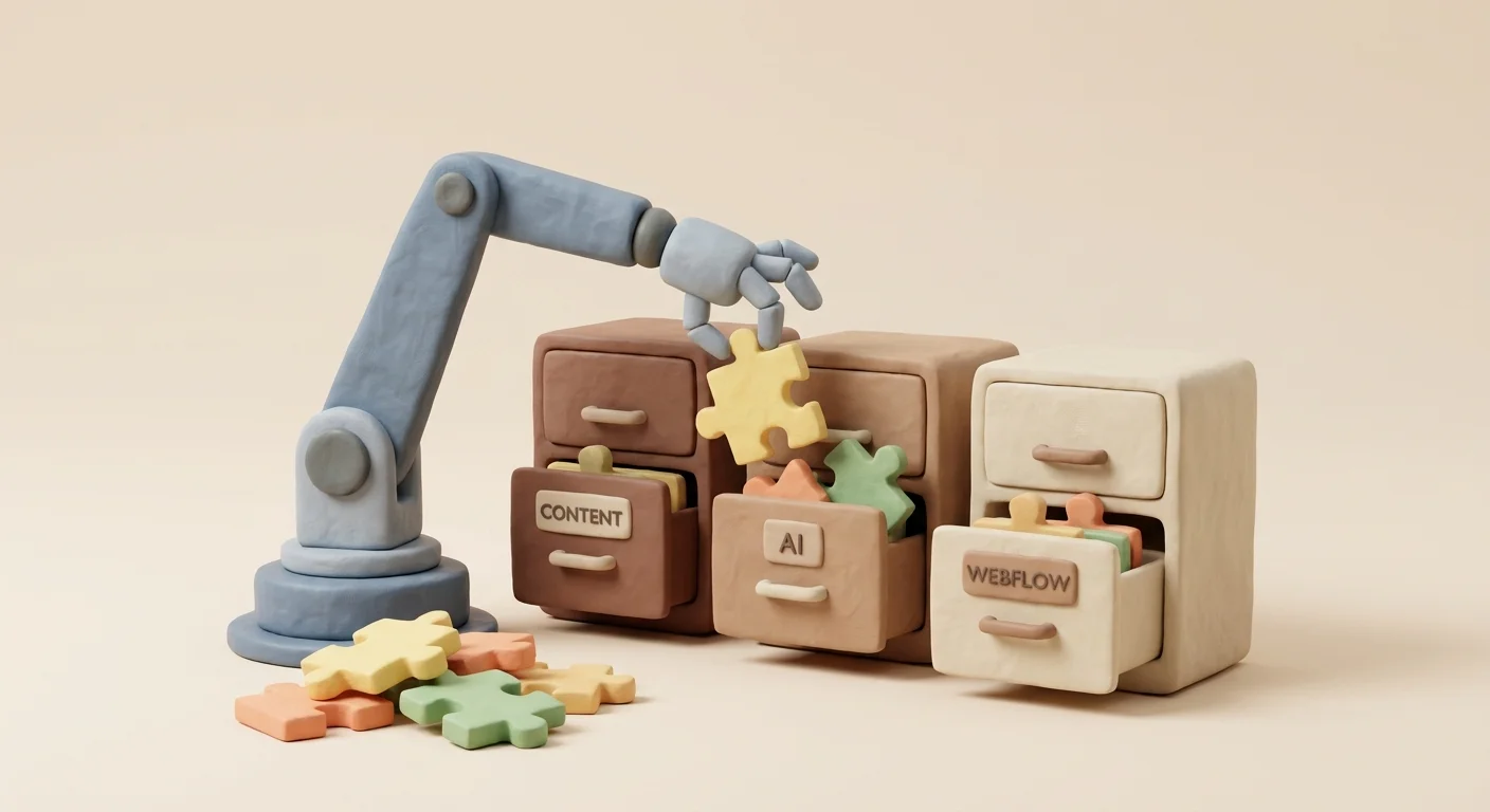 A visual metaphor of a robotic arm neatly sorting perfectly cut puzzle pieces into beautifully organized filing cabinets.