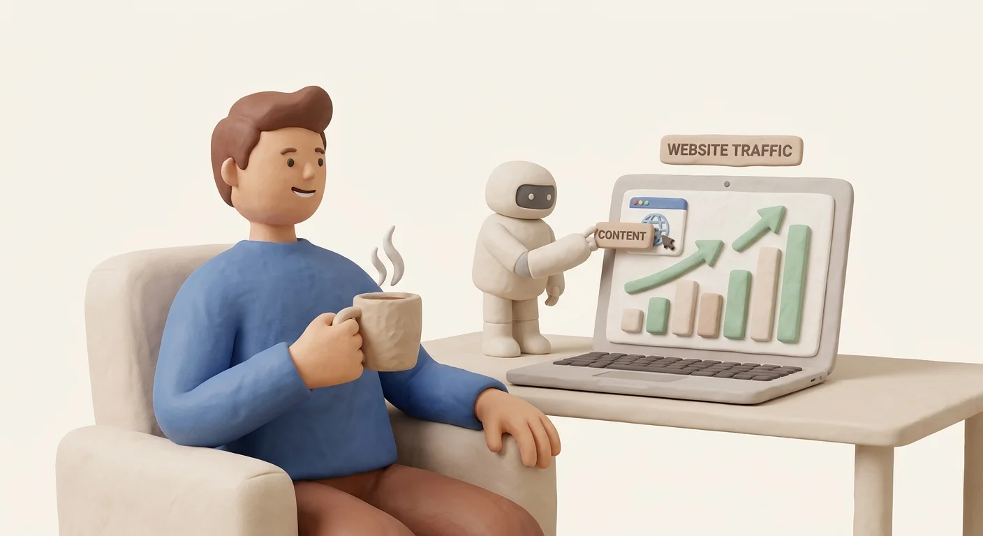 A focused professional relaxing with a cup of coffee while their laptop screen displays steady, upward-trending website traffic analytics.