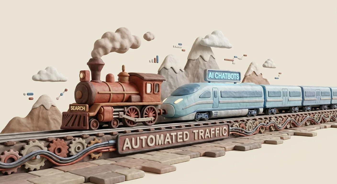A visual metaphor of a dual-engine train, representing simultaneous optimization for traditional search algorithms and modern AI chatbots.
