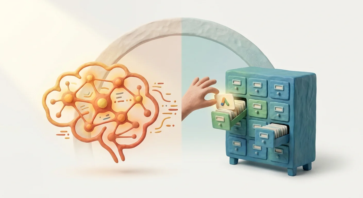 A split-screen visual showing a glowing connected neural network on one side and a classic structured library index on the other representing dual optimization.