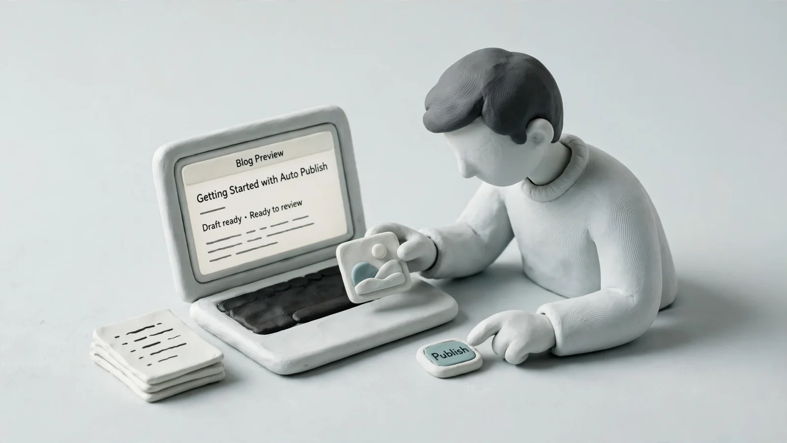 An editor checks a blog preview, source notes, and article images on a laptop before a post goes live, emphasizing the value of a final quality review without readable text.