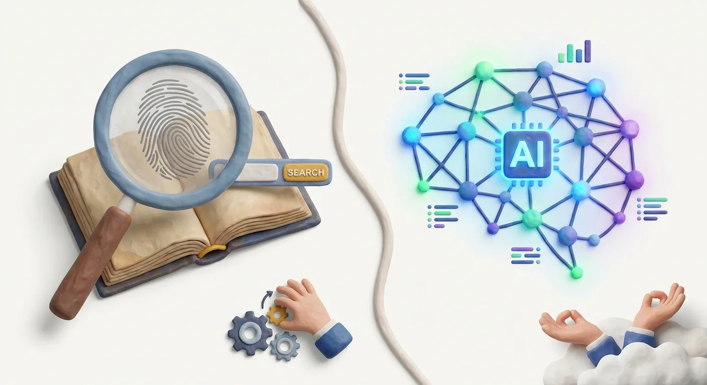 A conceptual split-screen showing a traditional magnifying glass on the left and a glowing, futuristic neural network on the right, representing the shift to AI search.