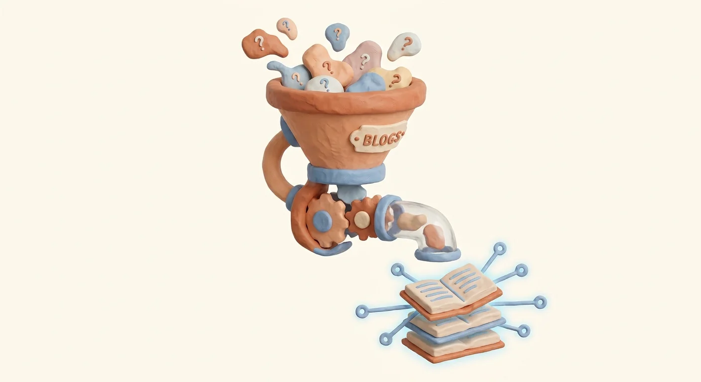 A futuristic data funnel showing raw ideas entering and emerging as structured, perfectly formatted articles with glowing citation links attached.
