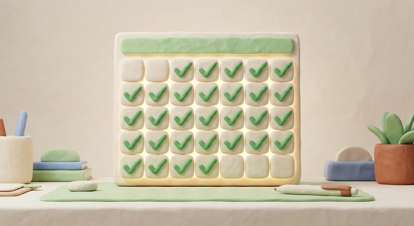 A glowing calendar grid entirely filled with green checkmarks, symbolizing the compounding power of a consistent daily publishing cadence.
