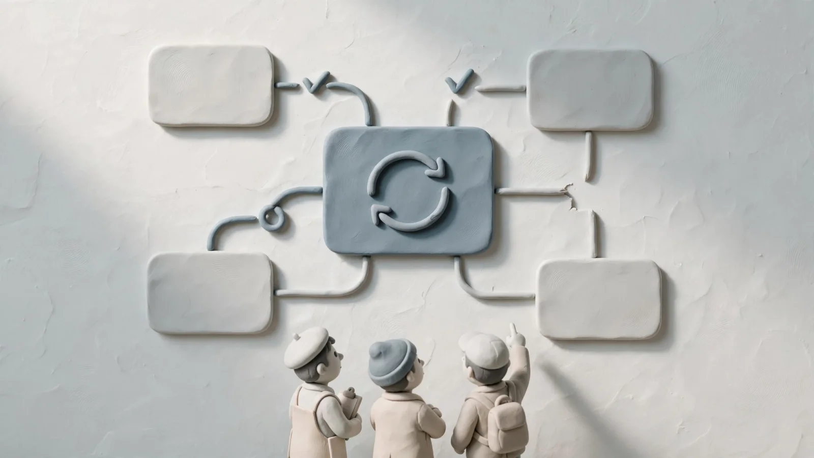 A small marketing team connects a central topic page to several distinct supporting articles on a workspace wall, illustrating topical coverage and relevant internal links.