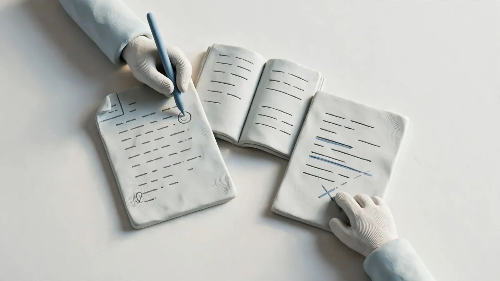 An editor checks cited sources against a blog draft and original documents, making source verification tangible rather than treating citations as proof; no readable text.