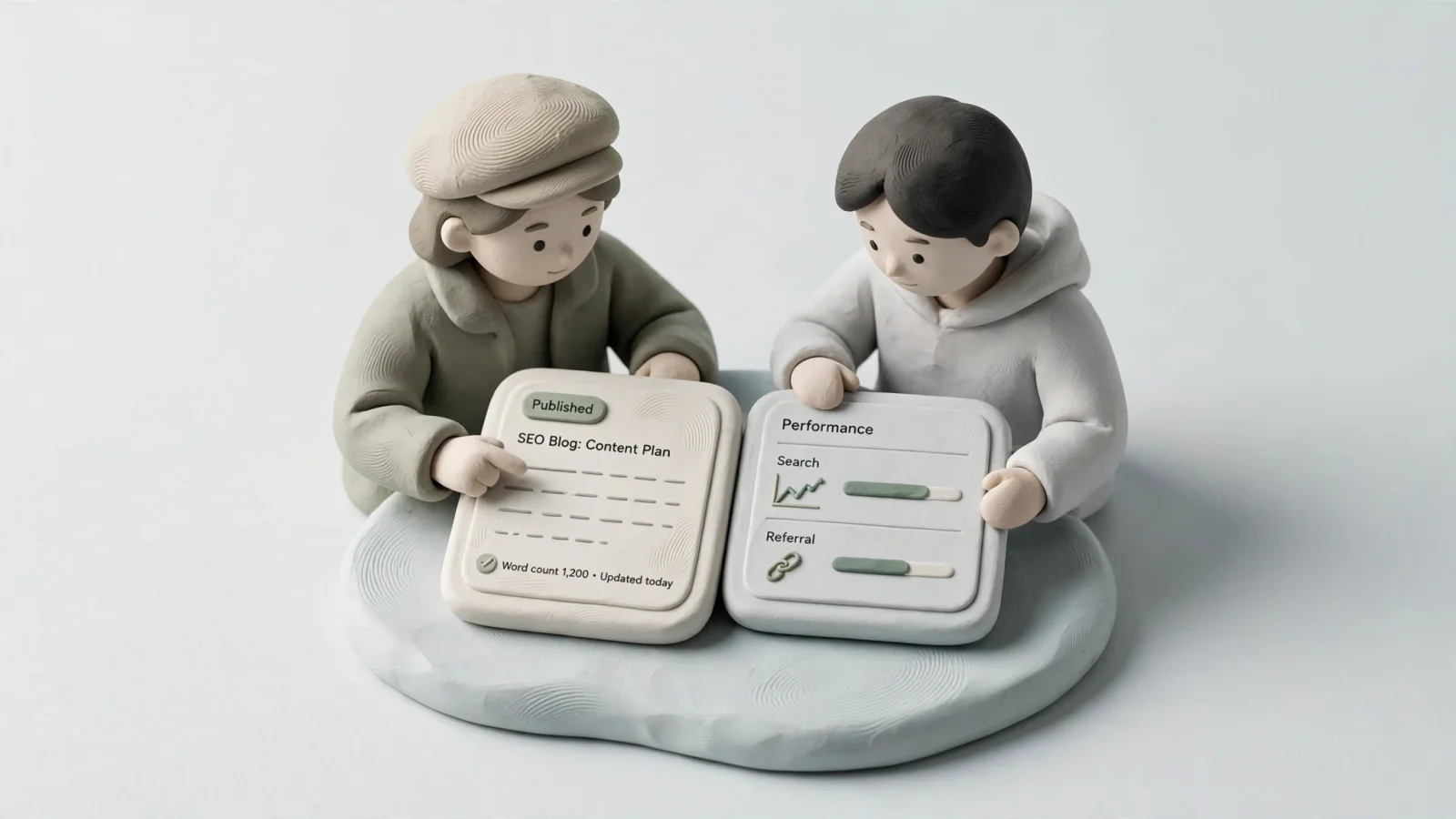 A small marketing team reviews a CMS preview and performance dashboard after publication, balancing editorial quality with search and referral outcomes; no readable text.