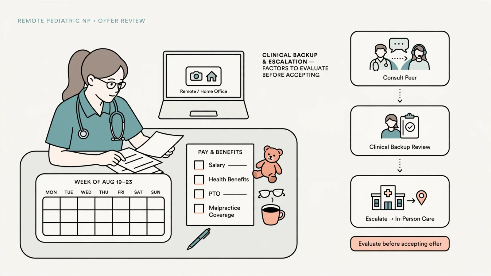 A nurse practitioner reviewing a job offer at a home desk, with a weekly calendar and unmarked pay and benefits papers side by side to make schedule and compensation trade-offs visible.