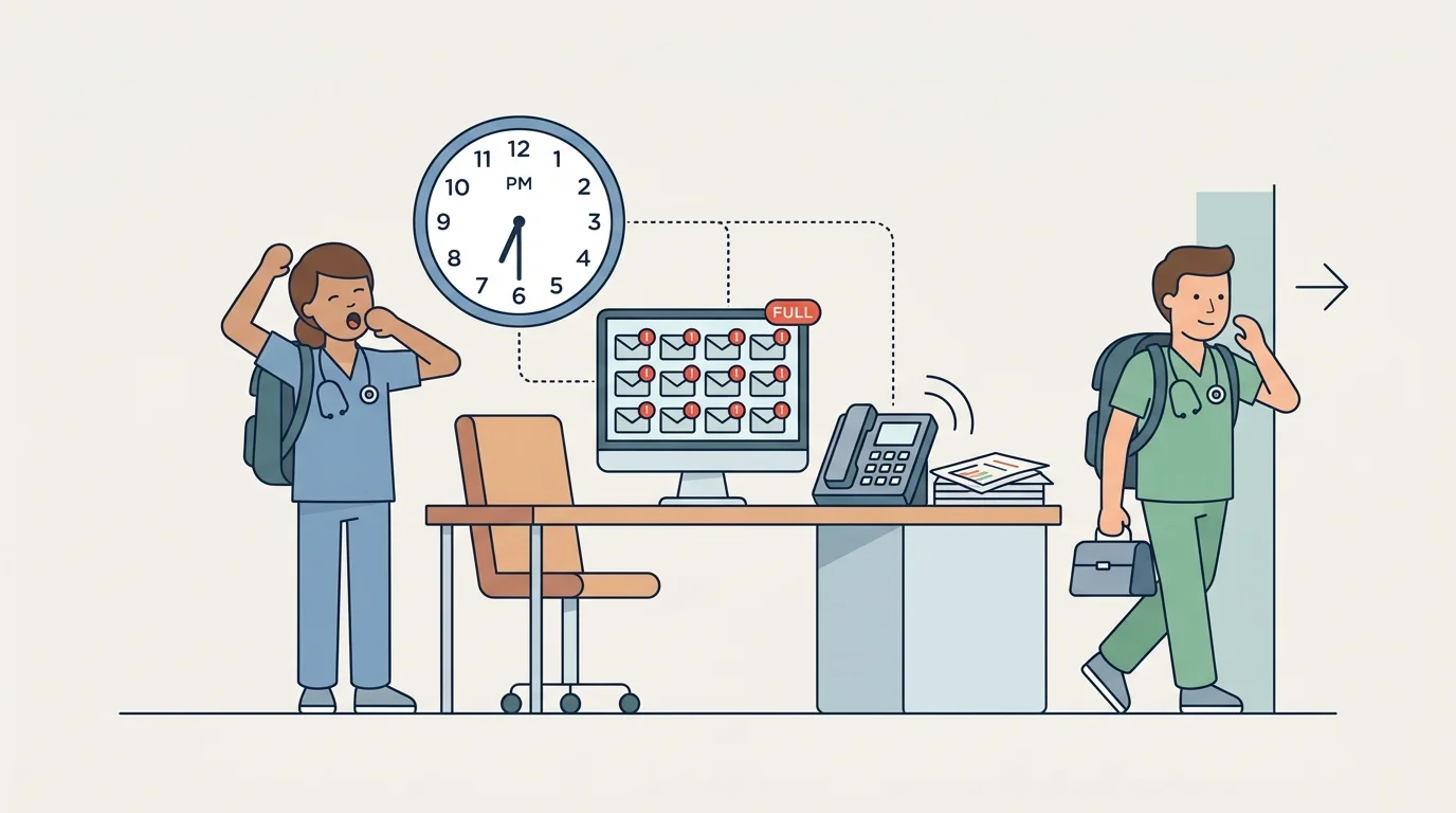 A PA finishing a shift while a full inbox and ringing call phone sit beside the clock, making hidden after-hours work visible.