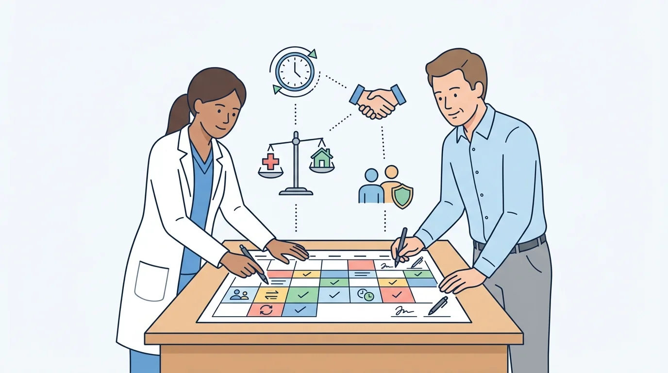 A PA and supervising physician reviewing a calendar and call rotation together before signing, emphasizing transparent support and expectations.