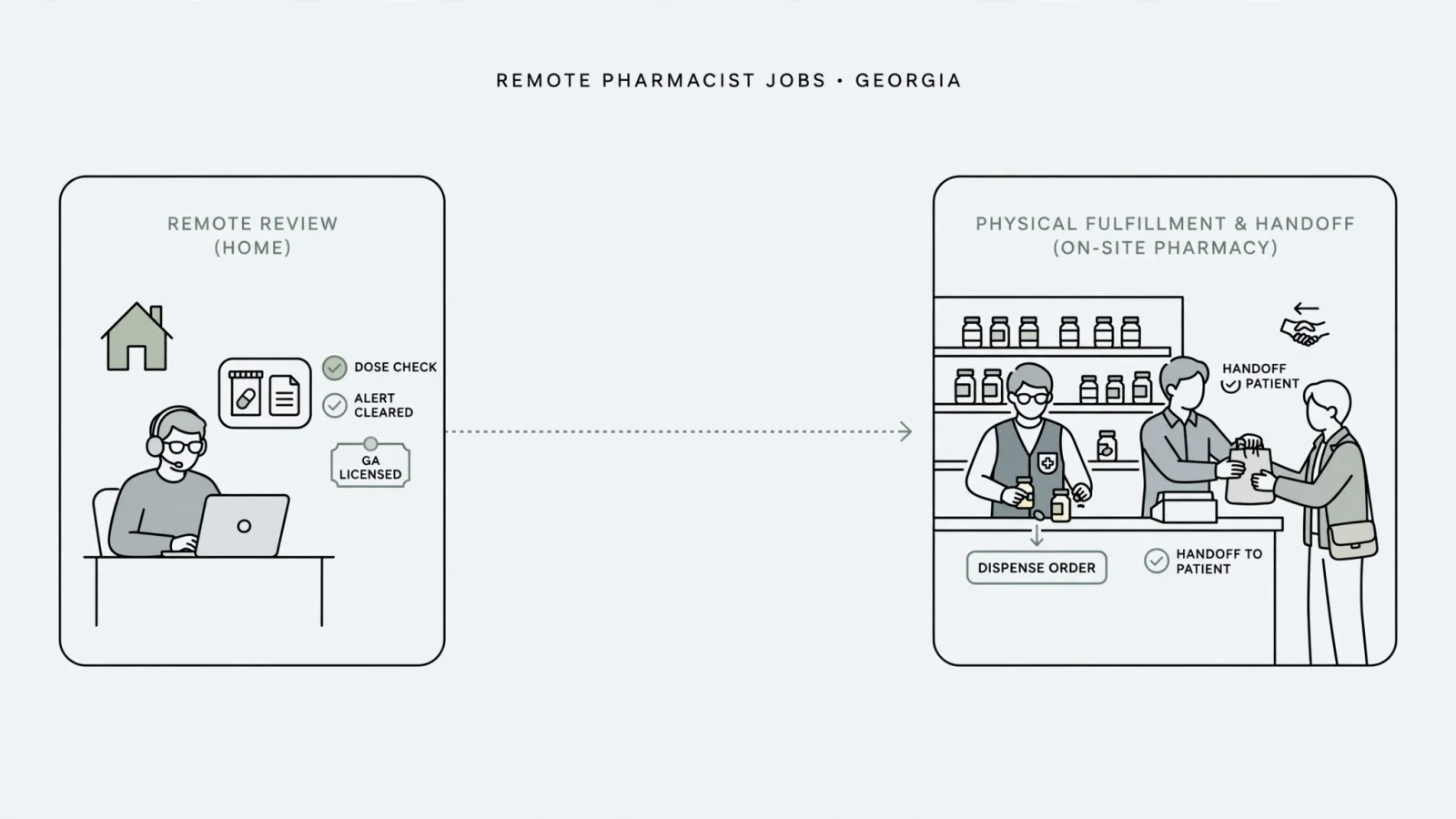 A text-free editorial scene of a Georgia-licensed pharmacist processing an order remotely while an on-site pharmacy team handles dispensing and the patient handoff, illustrating the rule’s defined workflow.