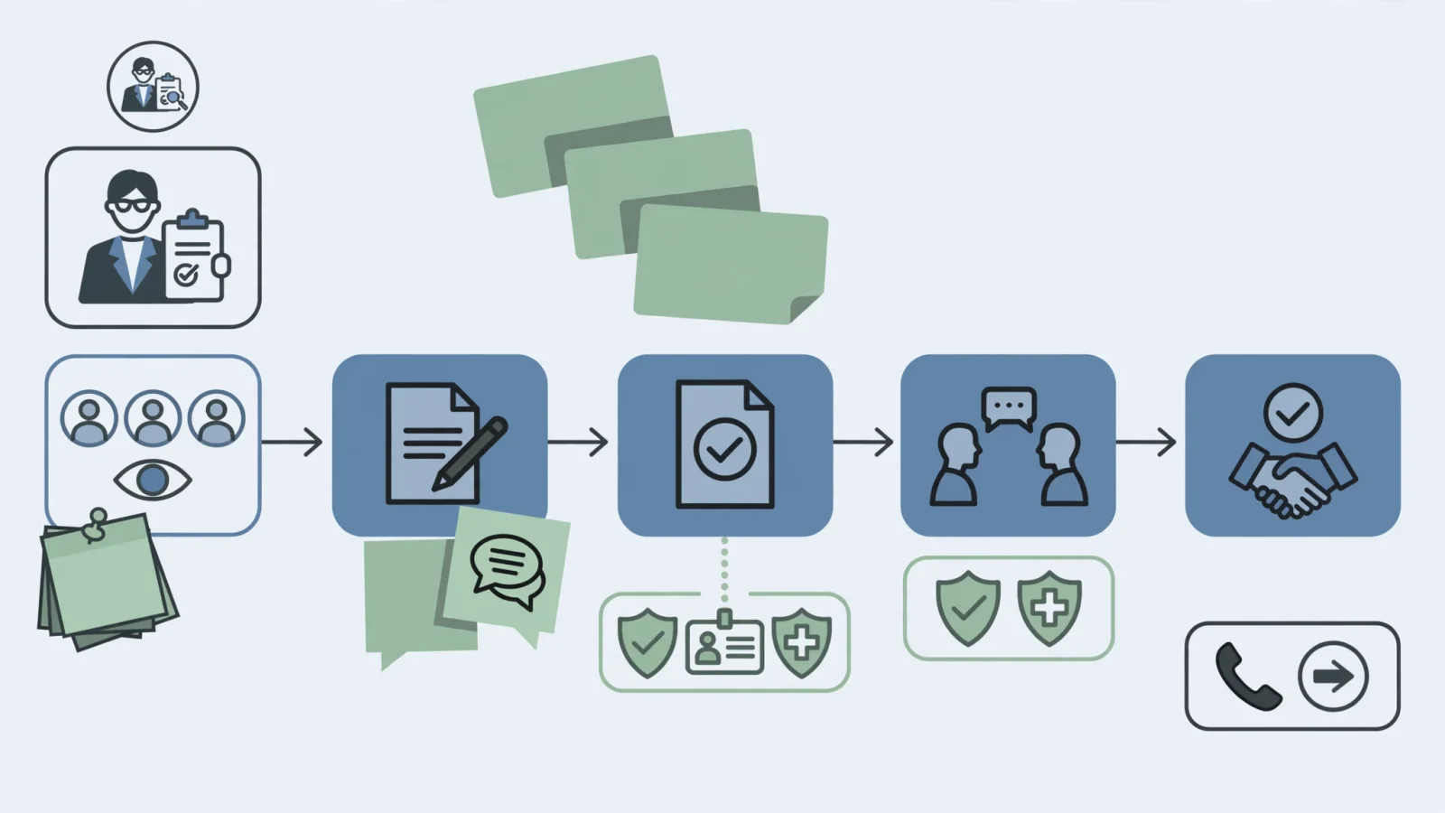 A wide editorial illustration of an employer reviewing a recruitment funnel from targeted views to qualified applications, interviews, and accepted offers alongside candidate feedback notes, with no readable text.