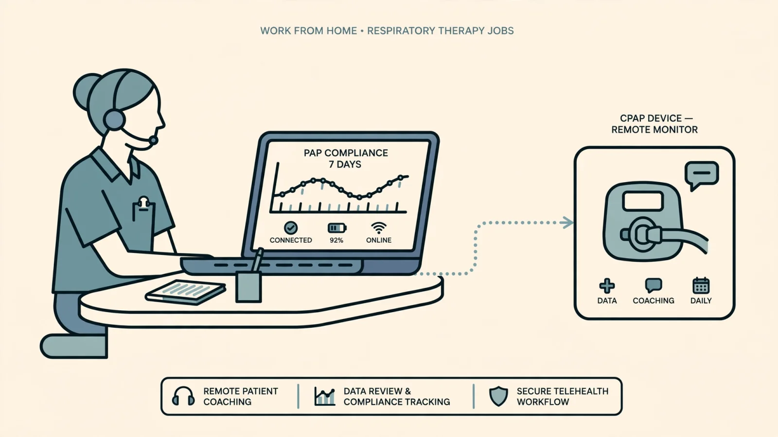 A respiratory therapist in a home office reviews PAP monitoring data on a laptop while speaking with a patient by headset, showing remote coaching and clinical coordination.