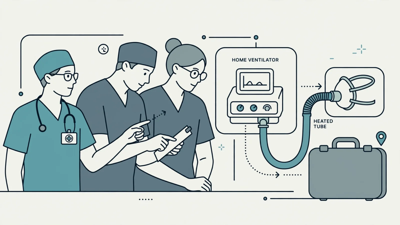 A respiratory therapist demonstrates a ventilator to clinicians in a training room, with a travel case beside the equipment to suggest that remote clinical applications work may still involve territory travel.