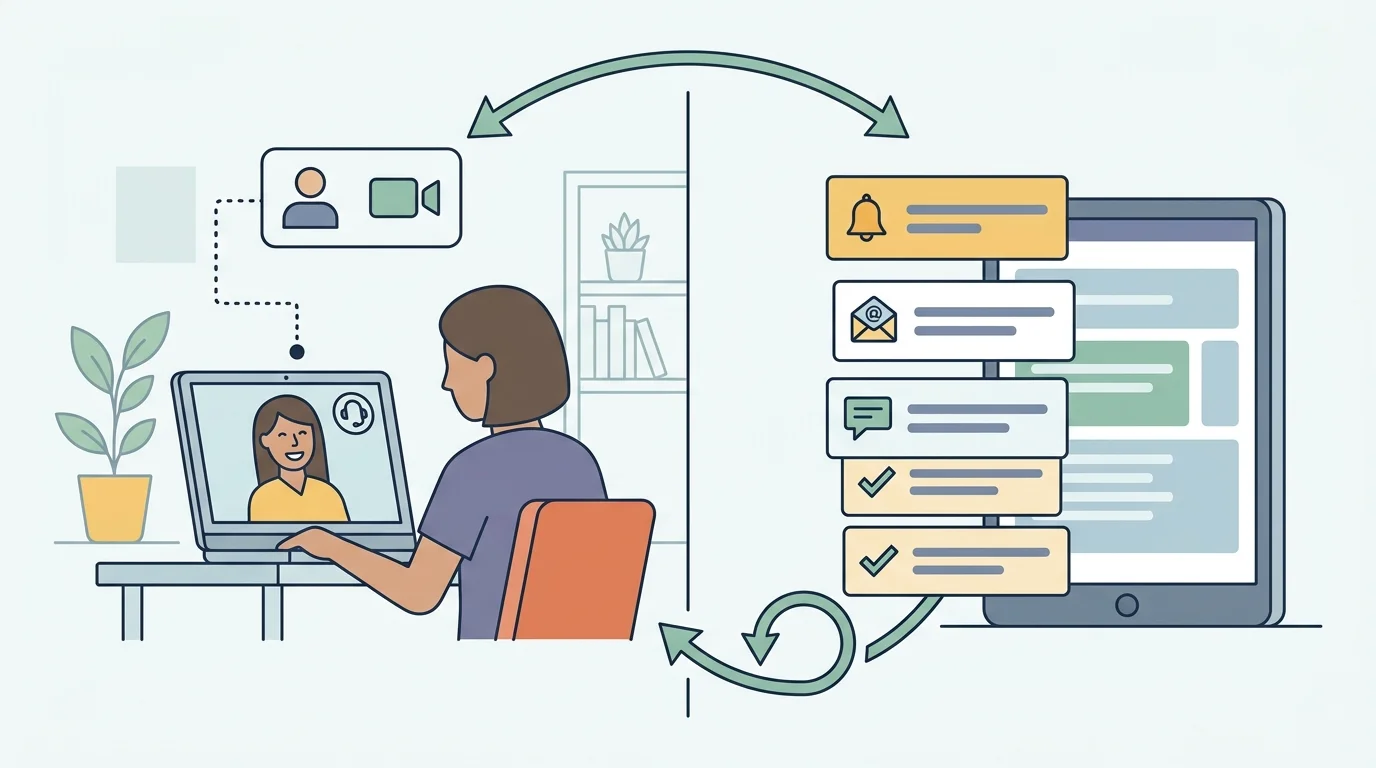 A split-scene of a telehealth NP handling back-to-back video visits from home while portal notifications accumulate, showing flexibility without automatic boundaries; no text.