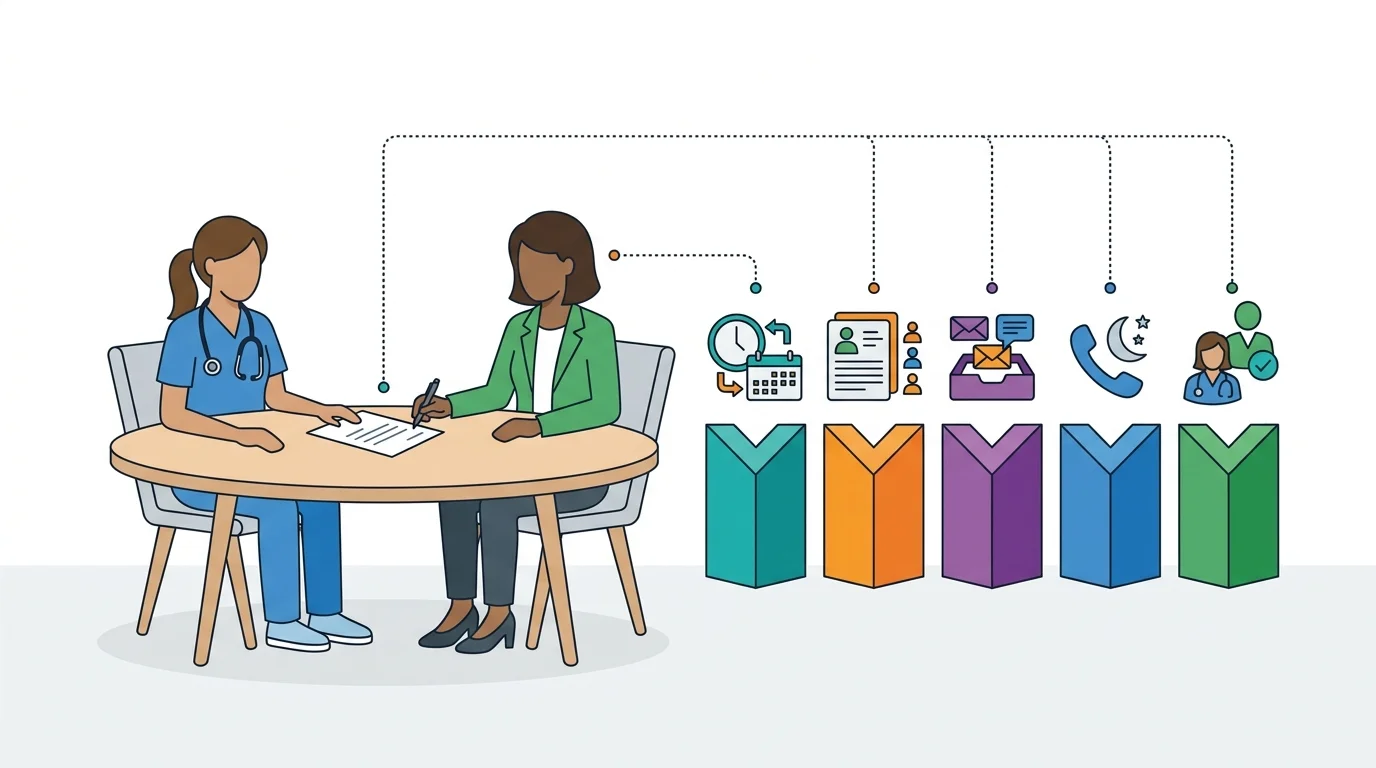 An NP and hiring manager reviewing an offer beside five physical markers for schedule, panel, inbox, call, and supervision before signing; no text.