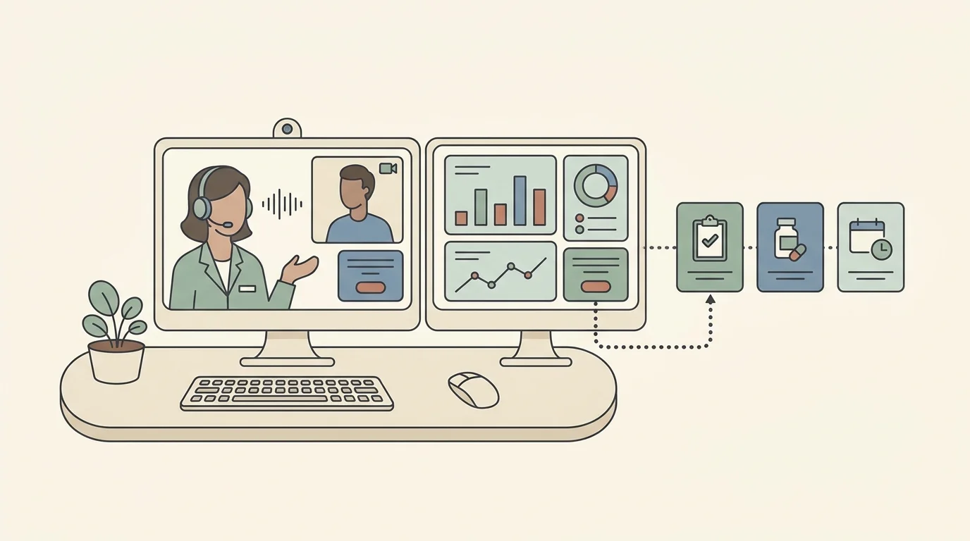 A nurse practitioner in a home office conducts a video visit while a second monitor shows abstract charting panels and follow-up tasks, revealing that remote care includes administration as well as appointments; no readable text.