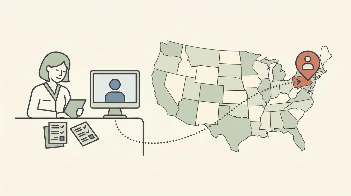 Before a video appointment, a nurse practitioner checks credentialing papers beside a simple, unlabeled U.S. map and a patient connection from another state, making geographic practice boundaries tangible without naming legal rules; no state names or readable text.