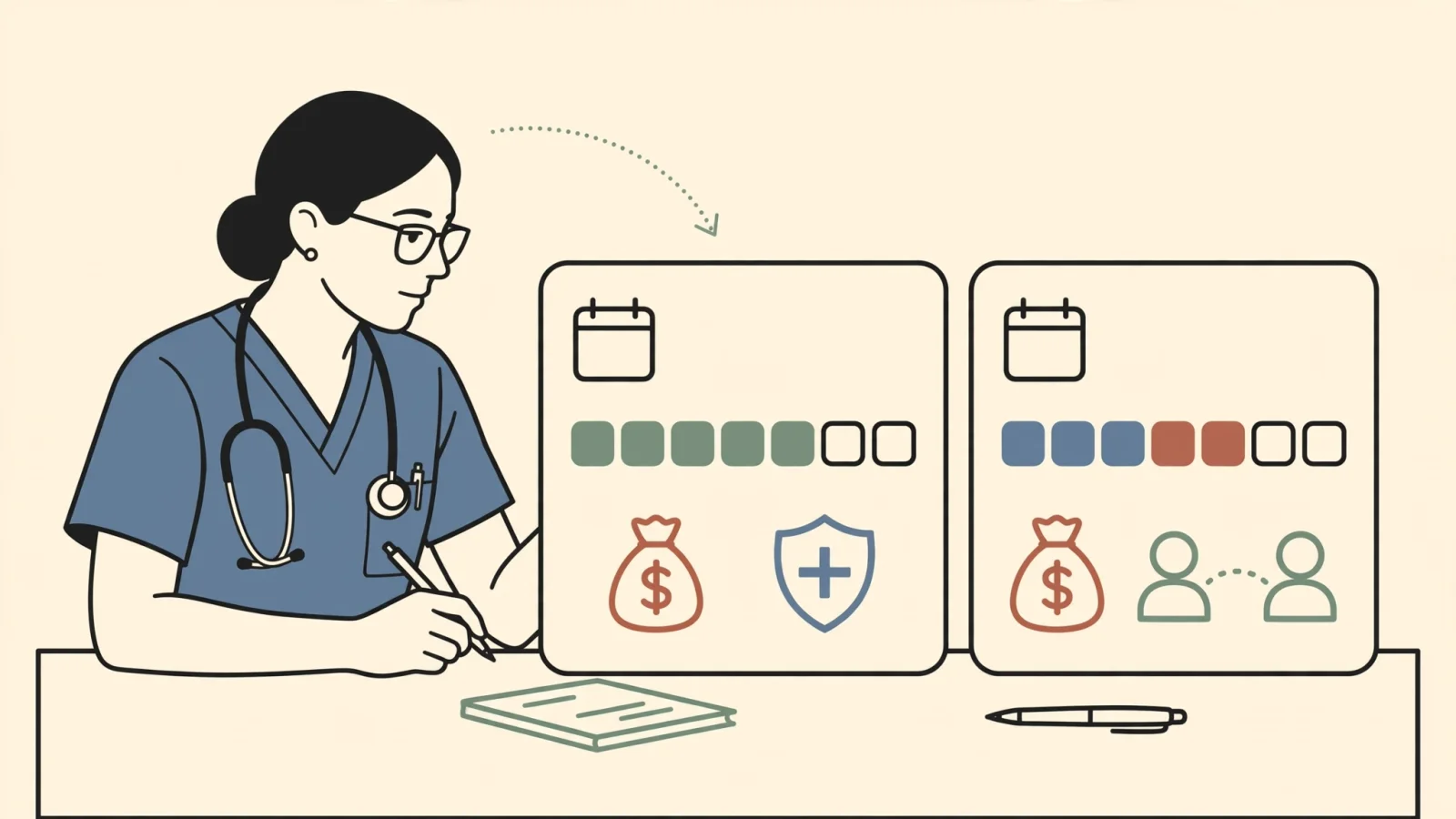 An NP weighs two job offers at a desk, comparing contrasting schedule calendars alongside nonverbal pay-and-benefit symbols to show why total fit matters more than a remote label; no numbers or readable text.
