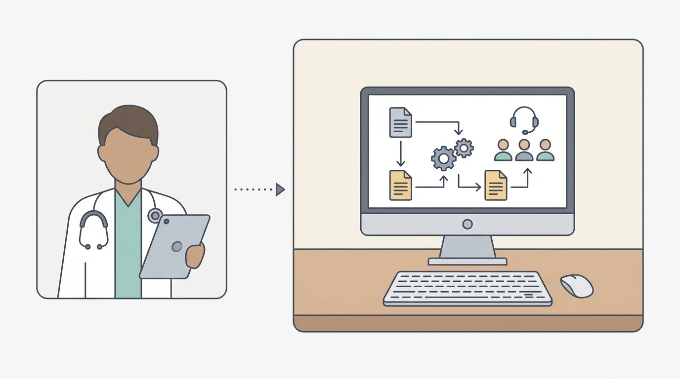 Opening: A clinician at a home workstation moves from a patient-care setting into an EHR workflow review with a remote healthcare team, showing that remote work and telehealth are different concepts.